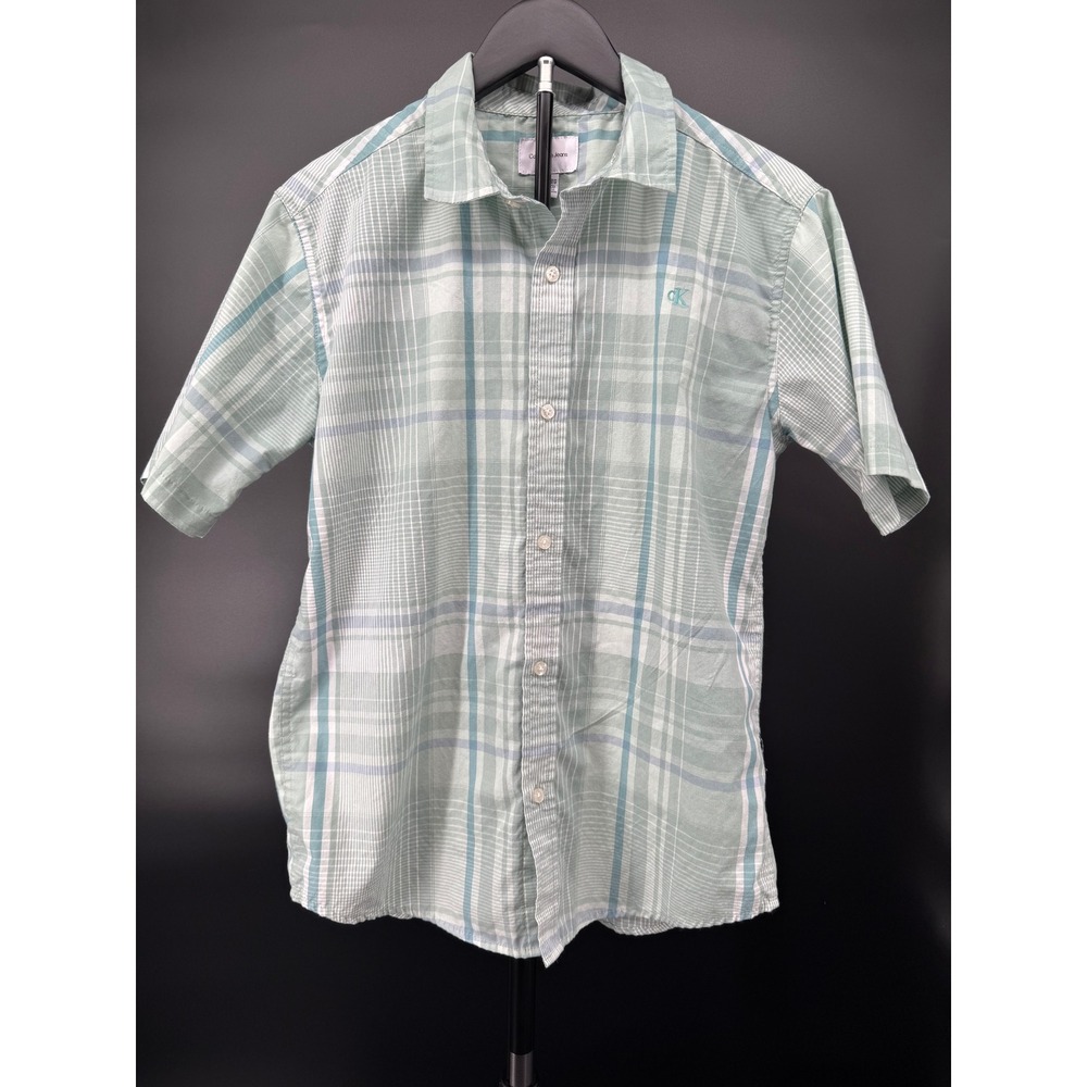 Calvin Klein Jeans Boys Green Plaid Short Sleeve Button Down Shirt Size XL 18/20